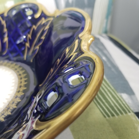 Reichenbach Echt Kobalt Blue Porcelain Serving Bowl Pierced With Feet And Rose - Picture 15 of 15